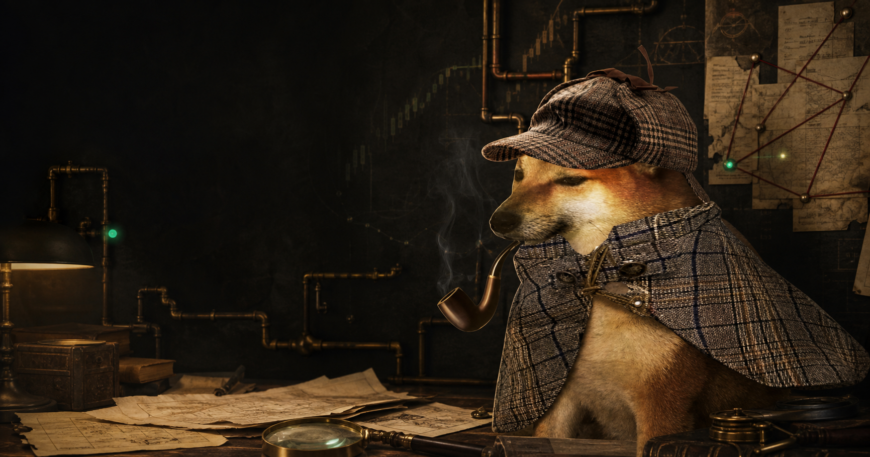 PIPEDOG detective investigating token case files in a noir office